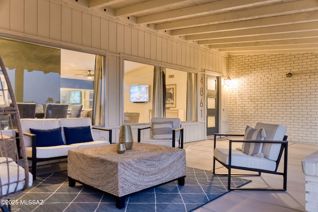 view of patio / terrace with a porch, an outdoor living space, and visible vents
