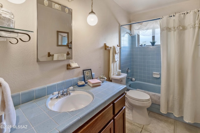575 N Robles Rd, Oracle, AZ 85623 - bathroom with toilet, tile patterned floors, shower / bathtub combination with curtain, vanity, and a textured wall