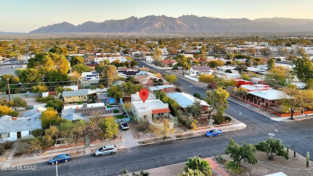 aerial view featuring a residential view and a mountain view