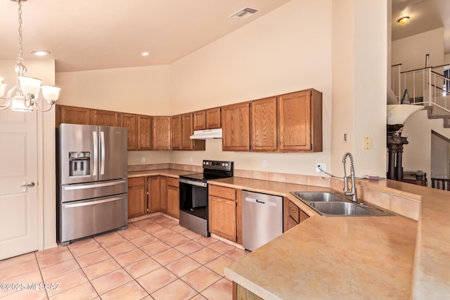 4755 W Lessing Ln, Tucson, AZ 85742 - kitchen featuring stainless steel appliances, a sink, under cabinet range hood, high vaulted ceiling, and light tile patterned floors