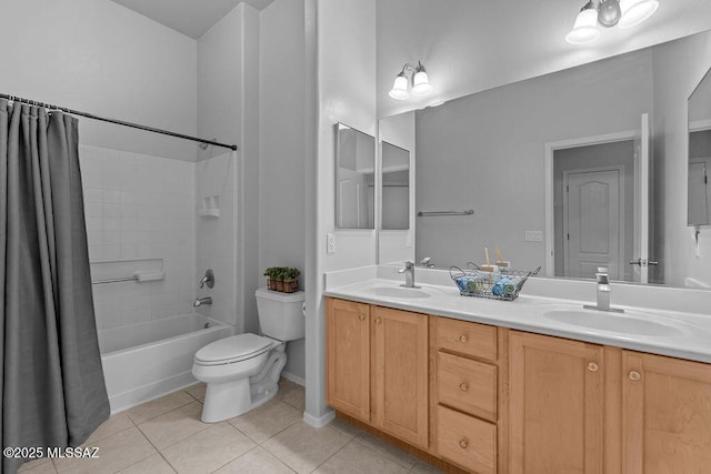 bathroom with tile patterned flooring, toilet, double vanity, and shower / bath combo with shower curtain