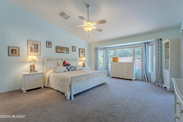 1328 N Mahogany Gulch Ln, Green Valley, AZ 85614 - bedroom featuring access to exterior, lofted ceiling, carpet floors, and a ceiling fan