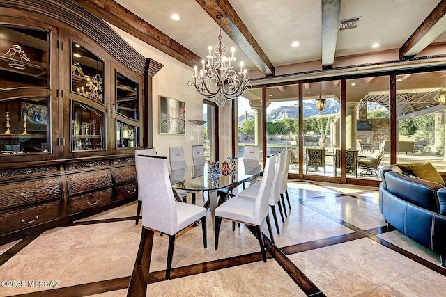 6015 N Camino Preciado, Tucson, AZ 85718 - dining area with inlaid floor details, beamed ceiling, plenty of natural light, recessed lighting, and a chandelier
