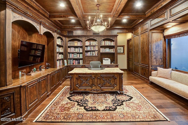 6015 N Camino Preciado, Tucson, AZ 85718 - home office featuring built in features, dark wood finished floors, wood ceiling, crown molding, and recessed lighting