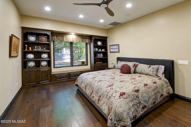 6015 N Camino Preciado, Tucson, AZ 85718 - bedroom featuring dark wood-type flooring, recessed lighting, baseboards, and a ceiling fan