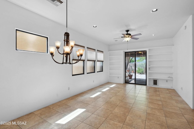 385 E Cedarvale Rd, Tucson, AZ 85704 - spare room with light tile patterned flooring, built in features, recessed lighting, a chandelier, and a ceiling fan