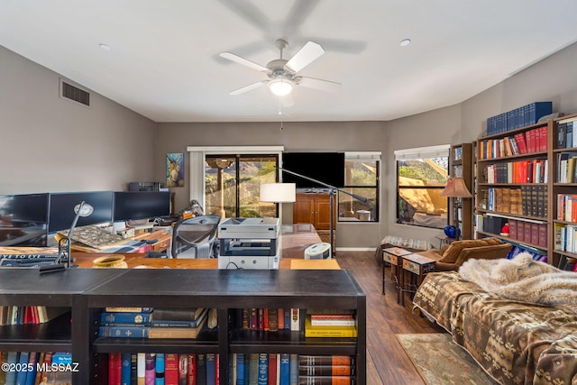 office featuring a ceiling fan, plenty of natural light, and wood finished floors
