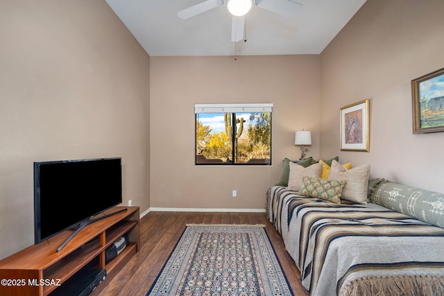 bedroom featuring wood-type flooring, baseboards, and ceiling fan