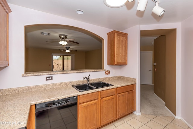 6591 S Avenida Santa Carolina, Tucson, AZ 85756 - kitchen featuring black dishwasher, a sink, light countertops, a ceiling fan, and light tile patterned floors