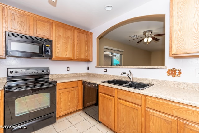 6591 S Avenida Santa Carolina, Tucson, AZ 85756 - kitchen featuring black appliances, a sink, light countertops, ceiling fan, and light tile patterned floors
