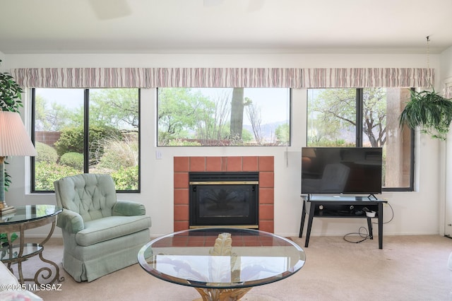 14670 N Wonderview Dr, Oro Valley, AZ 85755 - carpeted living area featuring a tile fireplace