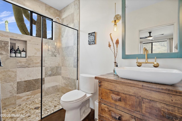 6695 W Banded Gecko Way, Tucson, AZ 85745 - bathroom with a tile shower, toilet, and vanity