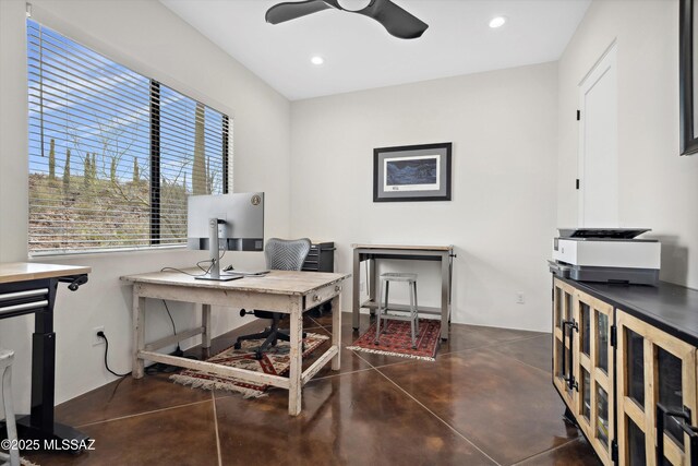 6695 W Banded Gecko Way, Tucson, AZ 85745 - home office with finished concrete flooring, a ceiling fan, and recessed lighting