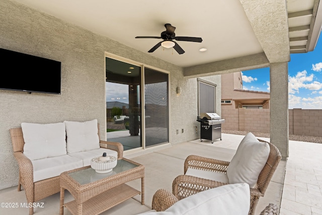 11479 N Desert Calico Loop, Tucson, AZ 85742 - view of patio with an outdoor hangout area, ceiling fan, grilling area, and fence