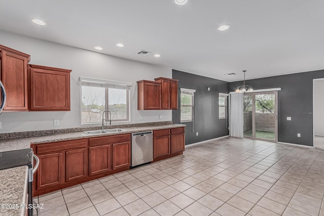 10560 E Forest Falls Ct, Tucson, AZ 85747 - kitchen featuring a sink, stainless steel dishwasher, a chandelier, range with electric cooktop, and recessed lighting