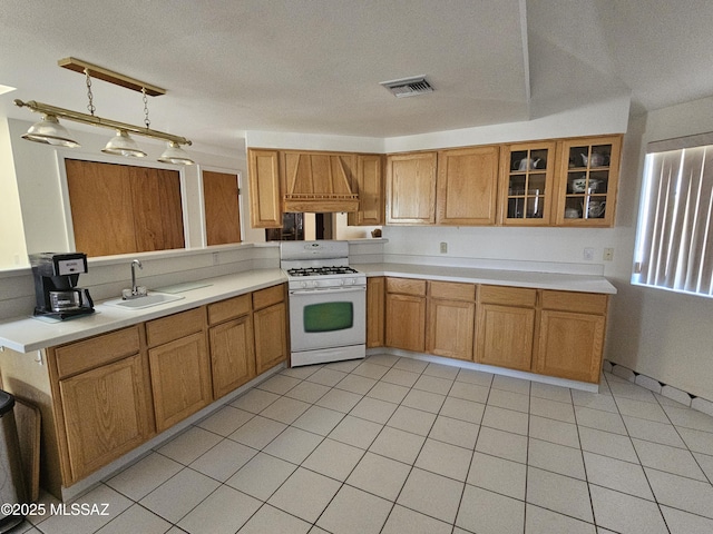 1760 W Airport Rd, Willcox, AZ 85643 - kitchen featuring white gas range, a sink, custom range hood, light countertops, and glass insert cabinets
