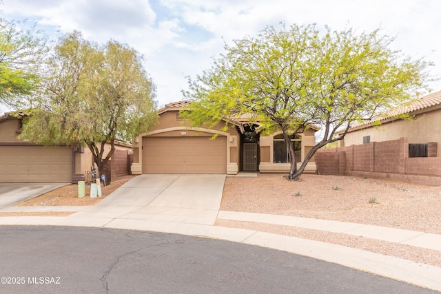 4161 W Diamond Butte Ct, Tucson, AZ 85745 - view of front of house featuring fence, stucco siding, driveway, a tiled roof, and an attached garage