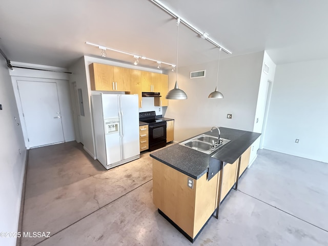 1001 E 17th St Apt 106, Tucson, AZ 85719 - kitchen featuring white refrigerator with ice dispenser, black / electric stove, a sink, concrete floors, and track lighting