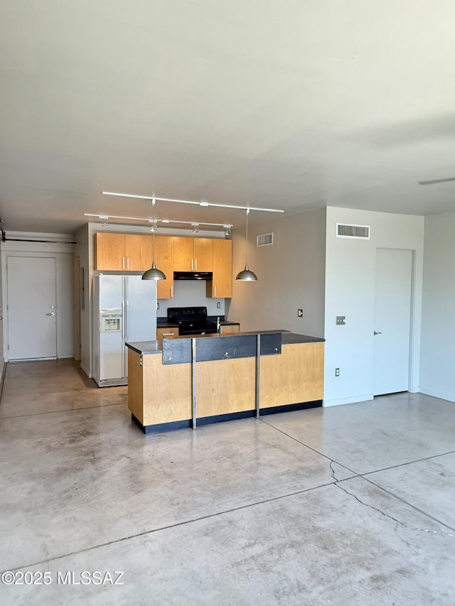 1001 E 17th St Apt 106, Tucson, AZ 85719 - kitchen with white refrigerator with ice dispenser, finished concrete floors, electric range, under cabinet range hood, and dark countertops