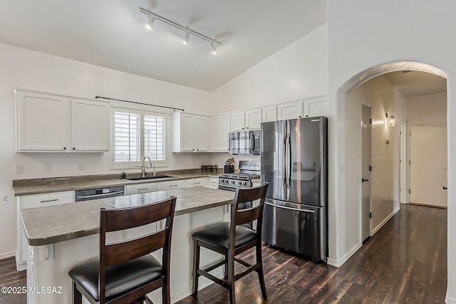 kitchen with appliances with stainless steel finishes, a sink, rail lighting, dark wood-style flooring, and arched walkways