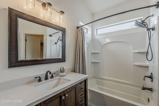 full bathroom with shower / bath combo and vanity