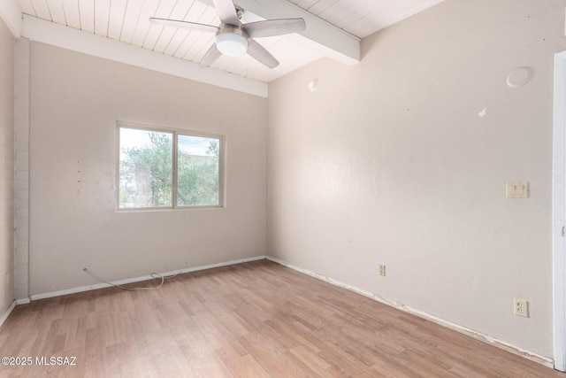 unfurnished room with beamed ceiling, light wood-type flooring, ceiling fan, and baseboards