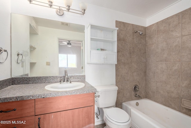 full bathroom featuring toilet, ceiling fan, bathtub / shower combination, and vanity