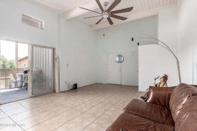 living room featuring a ceiling fan, high vaulted ceiling, beam ceiling, light tile patterned floors, and wooden ceiling