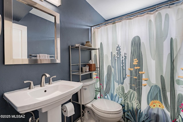 4296 N Rillito Creek Pl, Tucson, AZ 85719 - full bathroom with toilet, a shower with curtain, a textured wall, and a sink