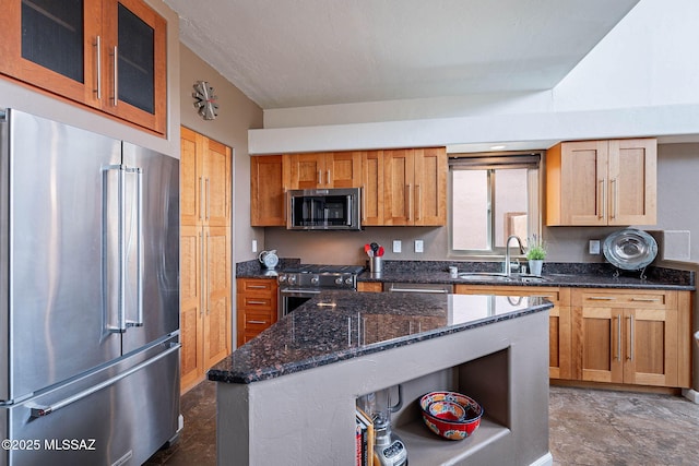 4296 N Rillito Creek Pl, Tucson, AZ 85719 - kitchen with appliances with stainless steel finishes, a sink, open shelves, dark stone countertops, and glass insert cabinets
