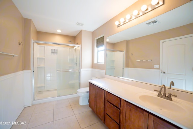 14333 S Camino Vallado, Sahuarita, AZ 85629 - full bathroom featuring wainscoting, a stall shower, tile patterned flooring, vanity, and toilet