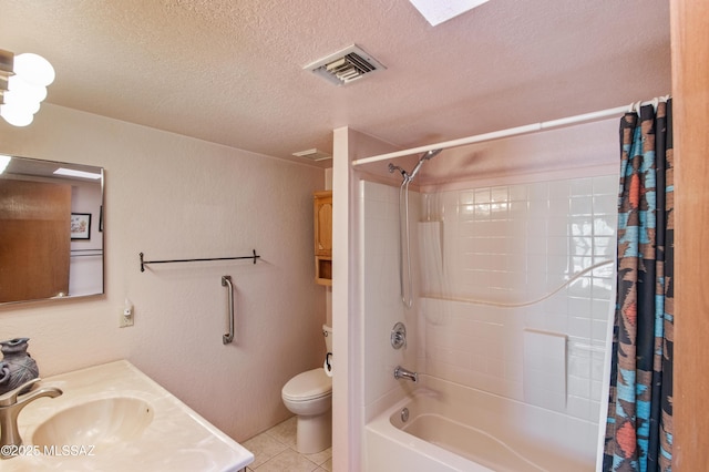 2831 W Puccini Pl, Tucson, AZ 85741 - full bath with a sink, a textured ceiling, toilet, tile patterned flooring, and shower / tub combo with curtain