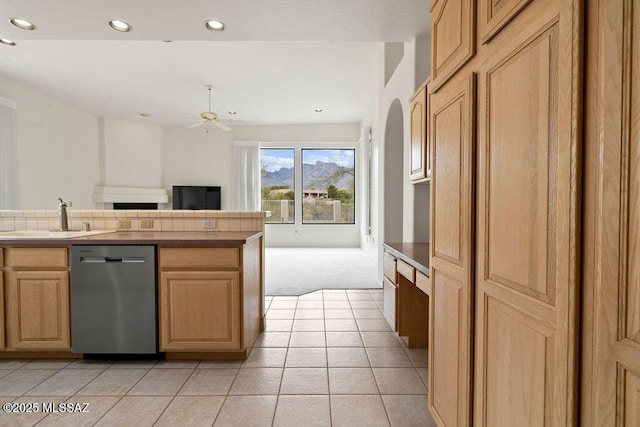11126 N Guava Dr, Oro Valley, AZ 85737 - kitchen featuring dishwasher, a sink, light colored carpet, recessed lighting, and light brown cabinets