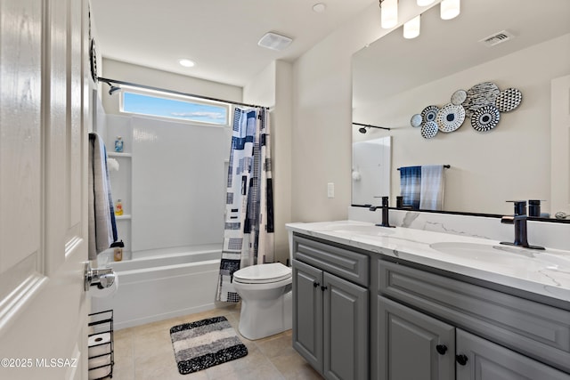 7809 S Land Grant Dr, Tucson, AZ 85747 - full bathroom with toilet, tile patterned flooring, shower / bath combination with curtain, and double vanity