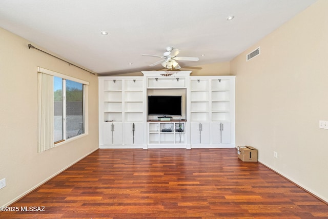 8892 E Apache Well Pl, Tucson, AZ 85730 - unfurnished living room with ceiling fan, wood finished floors, lofted ceiling, and recessed lighting