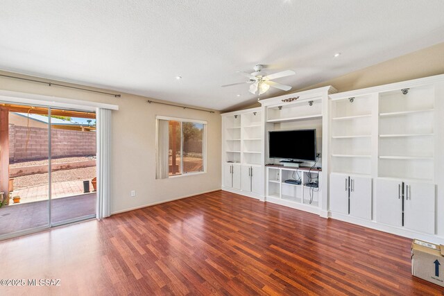 8892 E Apache Well Pl, Tucson, AZ 85730 - unfurnished living room with a ceiling fan, lofted ceiling, wood finished floors, recessed lighting, and baseboards