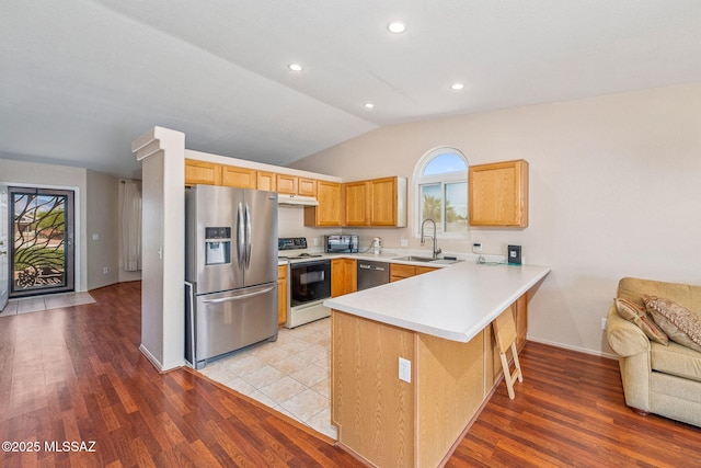 8892 E Apache Well Pl, Tucson, AZ 85730 - kitchen with stainless steel appliances, under cabinet range hood, a sink, a peninsula, and plenty of natural light