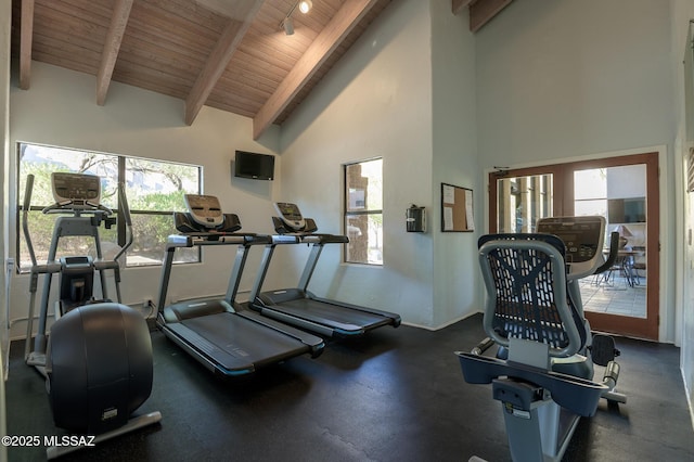 workout area featuring wood ceiling, high vaulted ceiling, beamed ceiling, and plenty of natural light