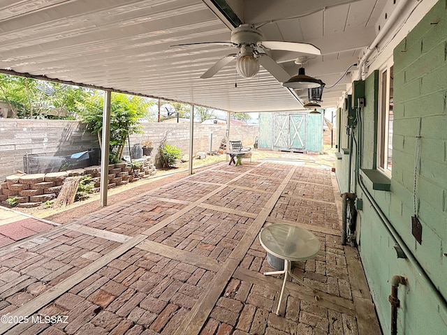 919 W 3rd Ave, San Manuel, AZ 85631 - view of patio featuring a fenced backyard and ceiling fan