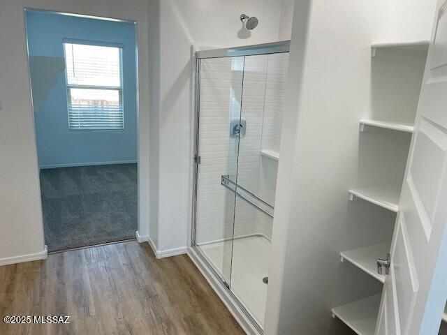 12203 E Patricia Ann Dr, Vail, AZ 85641 - bathroom featuring a stall shower, wood finished floors, and baseboards