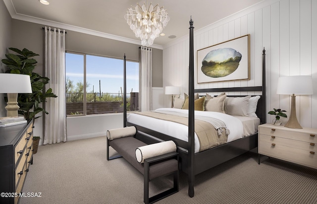 bedroom with ornamental molding, light carpet, a chandelier, and recessed lighting