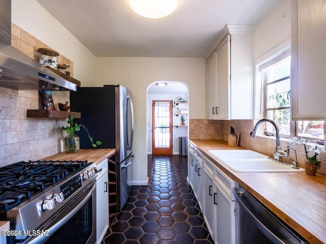 1700 N Winstel Blvd, Tucson, AZ 85716 - kitchen featuring appliances with stainless steel finishes, wood counters, a sink, open shelves, and wall chimney exhaust hood