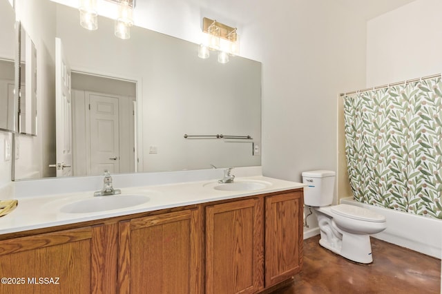 13940 E Hay Bale Trl, Vail, AZ 85641 - full bathroom featuring toilet, double vanity, shower / bath combination with curtain, and finished concrete flooring