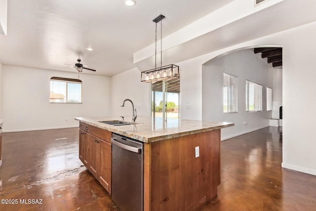 13940 E Hay Bale Trl, Vail, AZ 85641 - kitchen with a sink, dishwasher, concrete flooring, brown cabinets, and recessed lighting