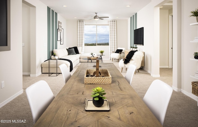 dining area with light carpet, ceiling fan, baseboards, and recessed lighting