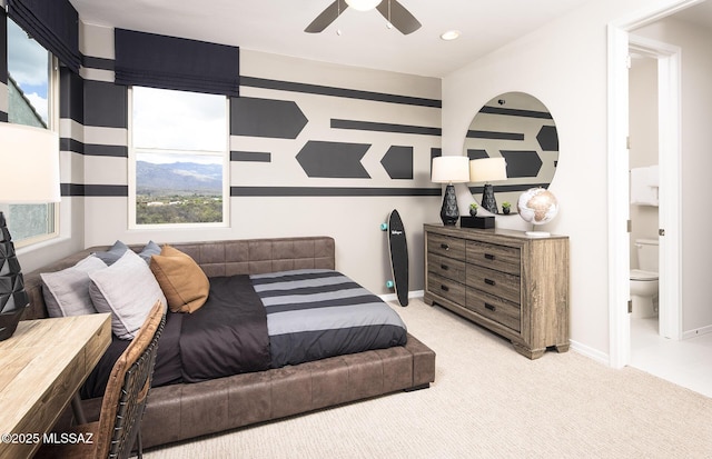 bedroom featuring carpet floors, baseboards, connected bathroom, recessed lighting, and a ceiling fan