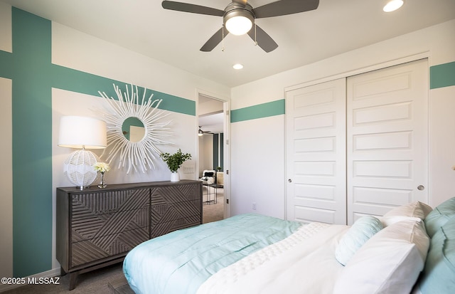 bedroom with recessed lighting, carpet floors, a closet, baseboards, and a ceiling fan