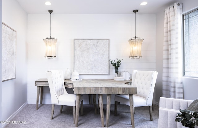 dining area with carpet, recessed lighting, and baseboards