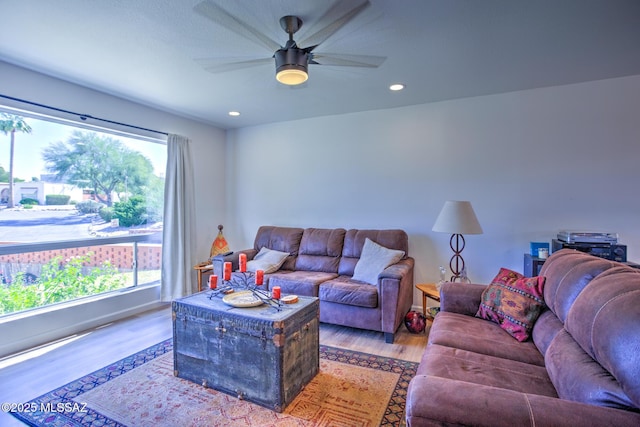 957 N Camino Las Solanas, Tucson, AZ 85710 - living room featuring light wood-style flooring, a ceiling fan, and recessed lighting