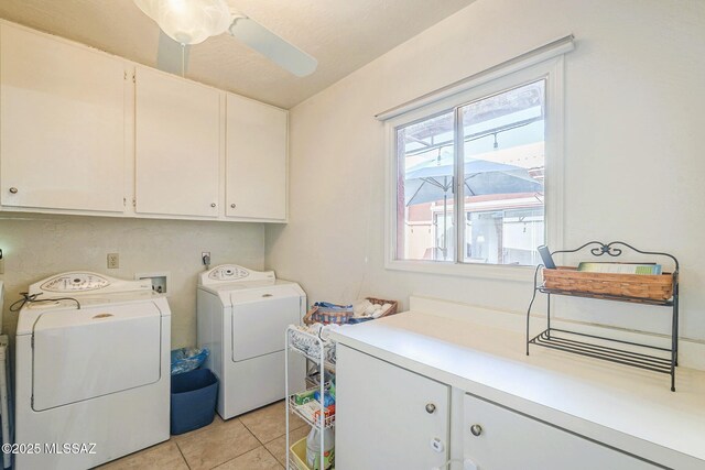 5800 N Placita Esplendora, Tucson, AZ 85718 - clothes washing area with cabinet space, washer and clothes dryer, light tile patterned floors, and ceiling fan